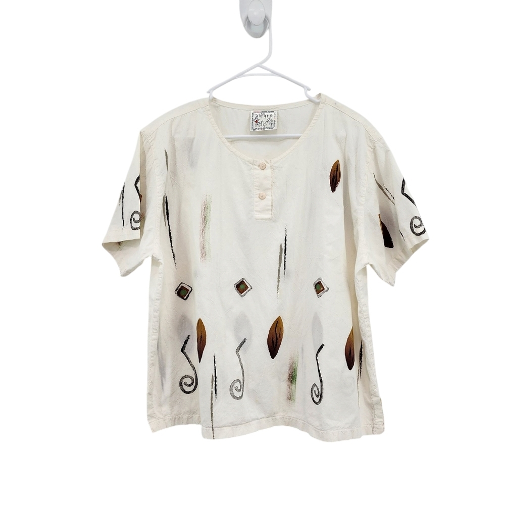 Play Alegre Women's Printed Short Sleeves Henley Shirt Art to Wear - L